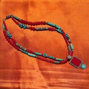 Red and Turquoise Beaded Necklace